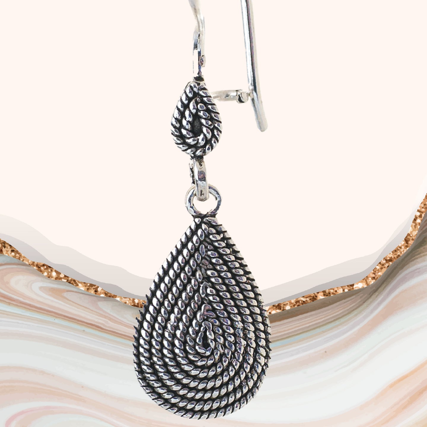 MESOP Teardrop Womens Silver Earrings, 925 Sterling Silver Drop Earrings, Timeless Mesopotamia History Inspired, Fluted Filigree Dangle Earrings and Valentines Day Gift